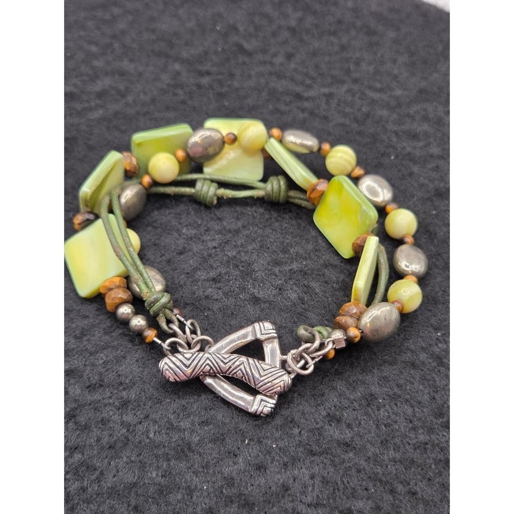 Retired Silpada B1132 Green Mother of Pearl Leather Tiger Eye Sterling Bracelet